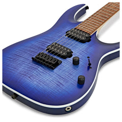 Ibanez RGA42FM body close-up, blue lagoon burst flame top with black hardware