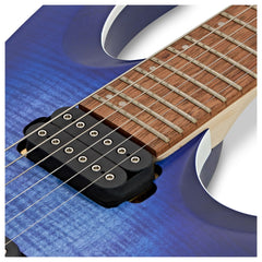Ibanez RGA42FM neck pickup and fretboard extreme close-up, blue lagoon flame top