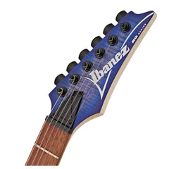 Ibanez RGA42FM headstock front, blue lagoon burst flame with RG series logo
