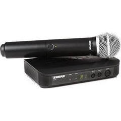Shure BLX24 wireless system, handheld mic resting on black rack receiver