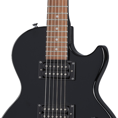 Epiphone Les Paul Special VE body close-up, ebony with twin open-coil humbuckers