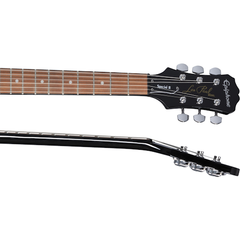 Epiphone Les Paul Special VE neck and headstock angled view, ebony with chrome tuners