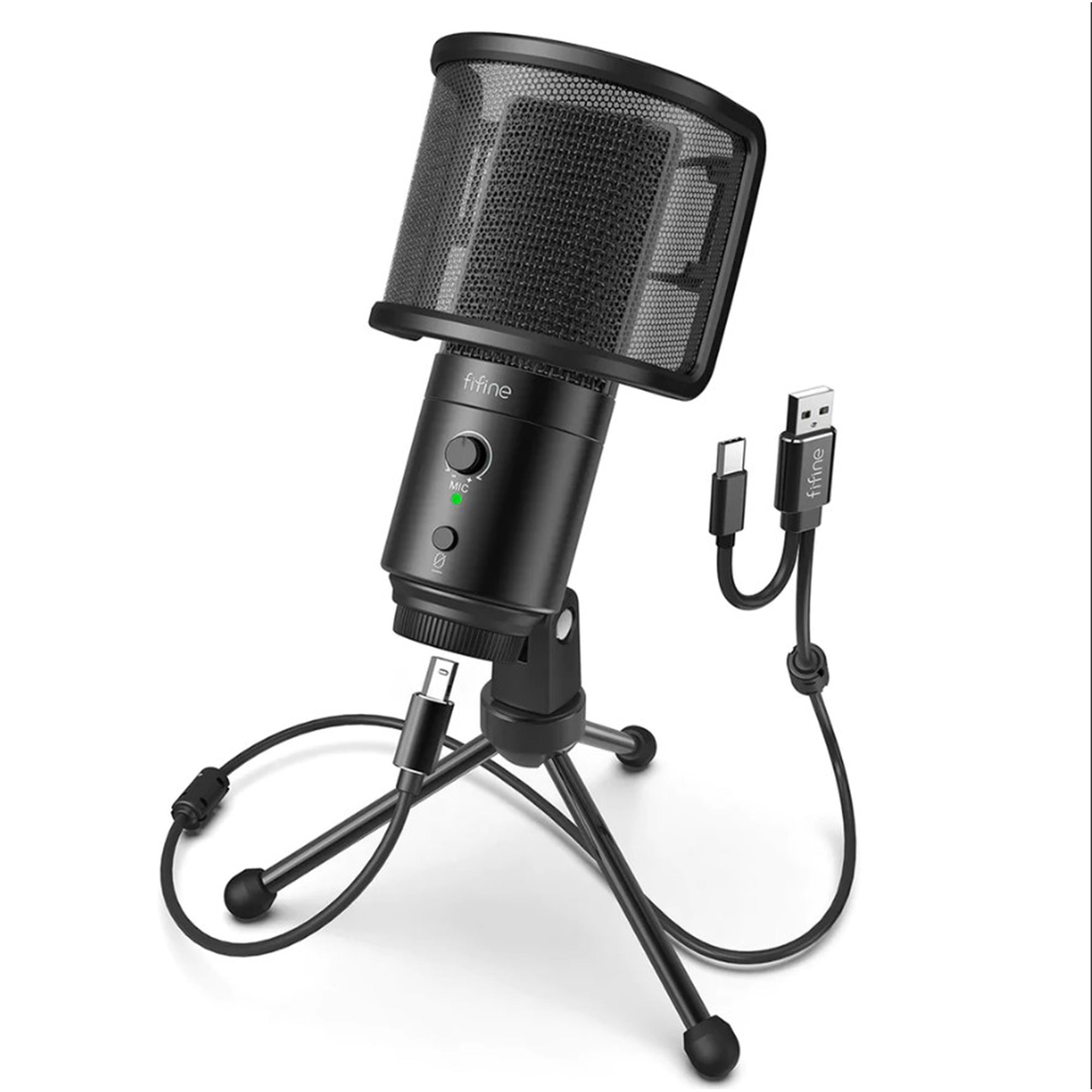 Fifine k683a type c usb mic with a pop filter, a volume dial, a mute b