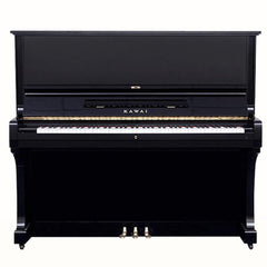 Kawai KU-5D upright acoustic piano in polished black, front view with pedals