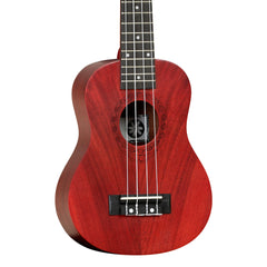 Tanglewood Tiare soprano ukulele body close-up, red mahogany with celtic-knot rosette